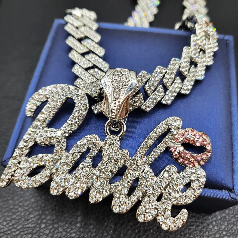 Mujeres Plateado Barbie Bling Dije Circonita Cúbica Helada Collar Cadena Cubana Foto 4 de 4