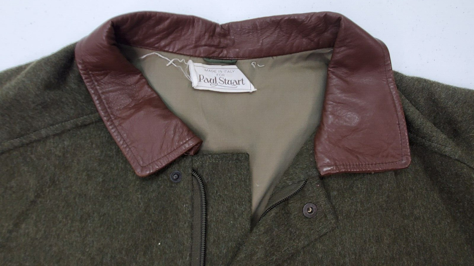 Vintage Paul Stuart No Size Green Wool/Leather Collar/Elbow Patch Bomber Jacket