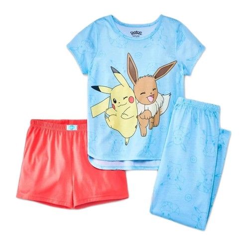 Pokemon Girl's Pikachu and Evee 3-Piece Character Pajama Set, Size Medium 8