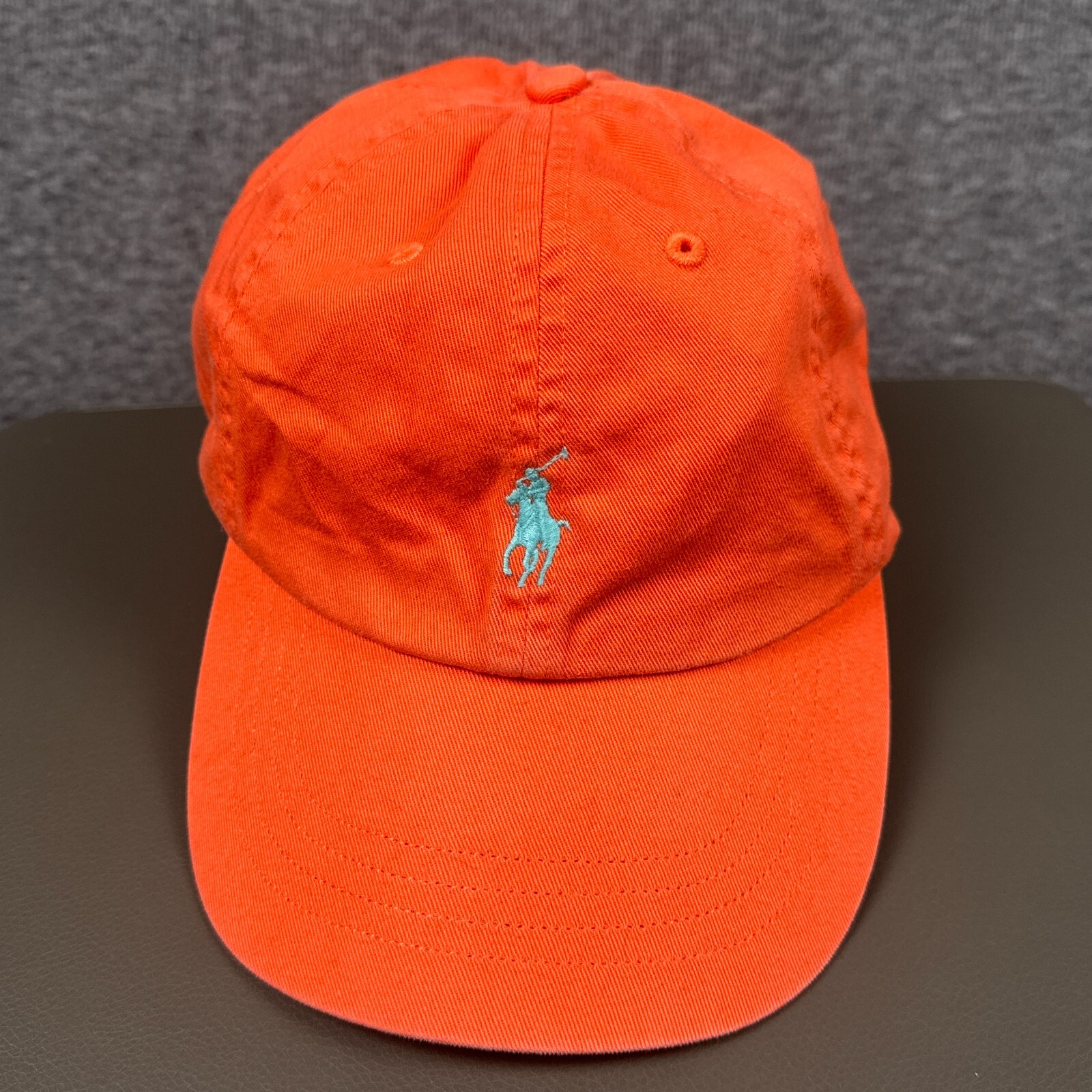 Ralph Lauren Mens Adjustable Orange Teal Cotton Chino Ball Cap with Pony Logo