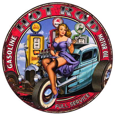 Vintage Blechschild Rund (AL.029) Deko & Kunst: US Retro Pin-Up-Girl HOT ROD CAR