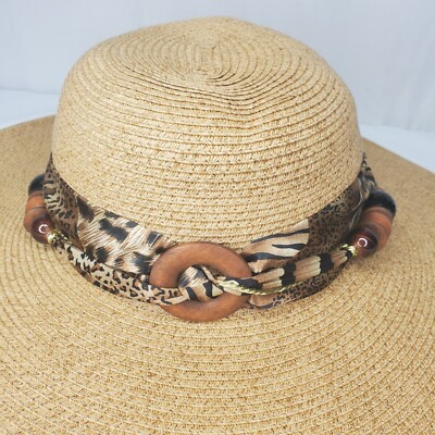 Cappelli Straw Sun Hat Leopard Print Wood Bead Band Wide 5  display picture 3
