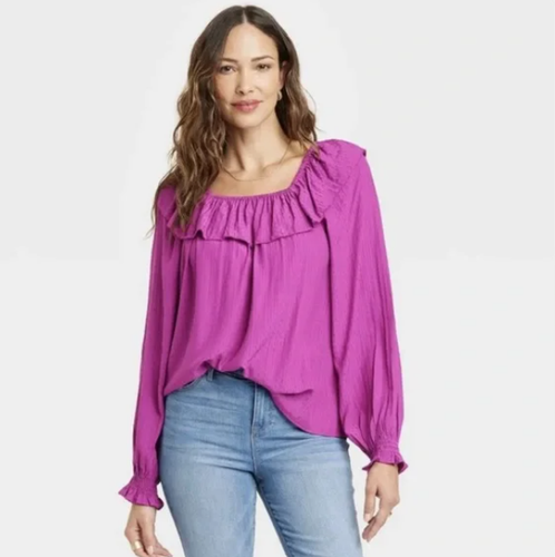 Knox Rose Lila Rüschen Ausschnitt Top Lange Ballonärmel Boho Freizeit Gr. S