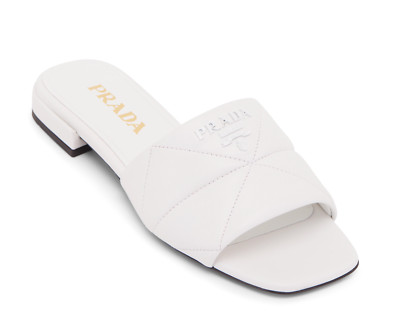Prada White 55mm Quilted Nappa Leather Logo Slide Sandal Prada White 55mm Quilted Nappa Leather Logo Slide Sandal