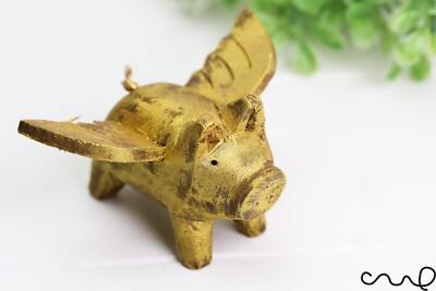 Handgefertigter goldener Holz Engel Schwein mit Flügeln handgeschnitzt Schwein Ornament fliegendes Schwein