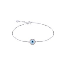 14K Solid White Gold CZ Evil Eye Bracelet Good Luck Charm Rolo Chain Link Women