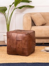 BBH HOMES HANDMADE ECO-FRIENDLY SQUARE SHAPED STUFFED BUFFALO LEATHER BROWN POUF