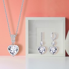 Women Jewelry Set 14k White Gold Plated 5A Heart Cubic Zirconia Necklace Earring