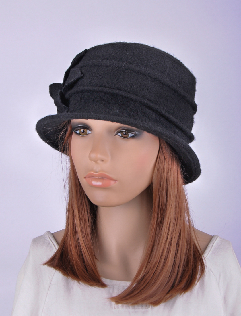 JM388 Black Cool 6-Leaf Flower Warm Wool Women's Winter Hat Bucket Cloche  Cap