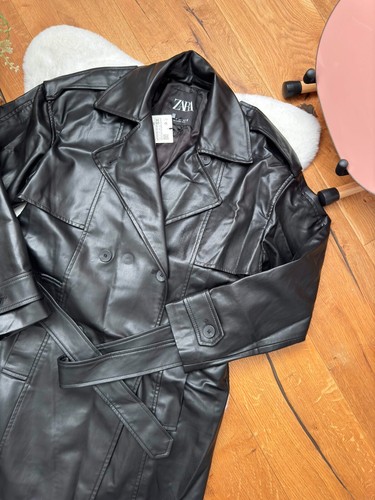 ZARA DOUBLE BREASTED BLACK FAUX LEATHER TRENCH COAT BELT Long size XS 4432 - Picture 2 of 19