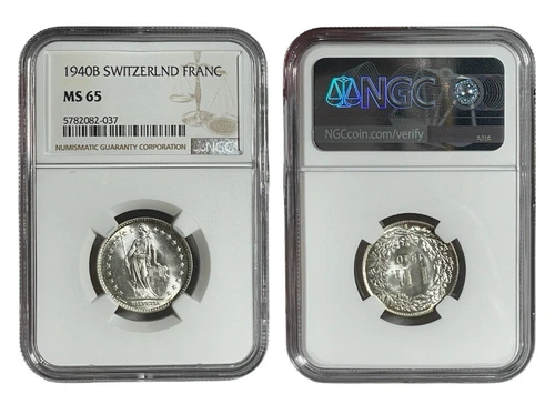 Switzerland, 1 Franc 1940B NGC MS65 Silver