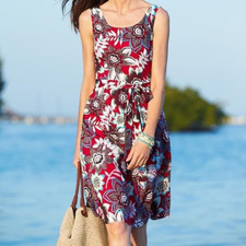 Talbots Red Blue White Floral Sleeveless Pleated A-Line Belted Dress Size 2