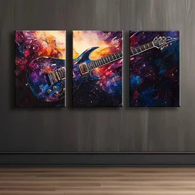 3pcs Vibrant Guitar Fantasy Illustration Wall Art Canvas Framed 50x70cm - Image 1 of 3