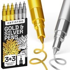 6 Acrylic Gold Silver Paint Pens - 0.7mm Extra-Fine Markers - Great for Gre...