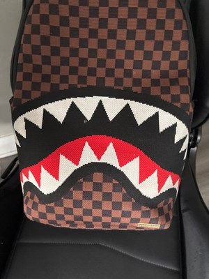 sprayground backpack checkers  shark smile  brown red white