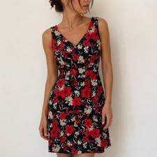 Talbots Black Red Floral Sheath Dress V-Neck Cotton Stretch 8P Classic Retro