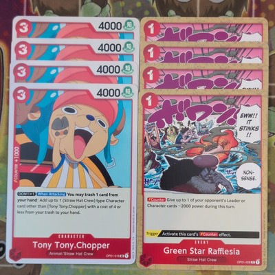 4 x One Piece Tony Tony.Chopper OP01-015 UC & Green Star Rafflesia 028 C Mint