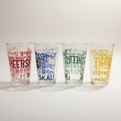 ThinkGeek Multilingual Cheers Pint Glass Set 4 16oz Beer Barware Boxed New Gift