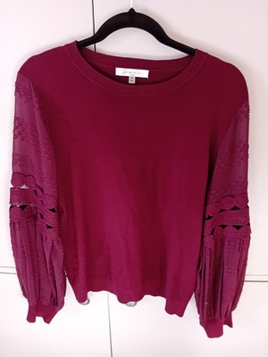 Siani Milano Pullover Deep Berry Rot Burgund Ballon Puff Transparent Häkelärmel M