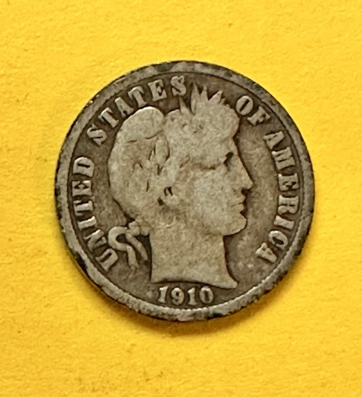 1910 Barber Dime. 90% Silver.    G-VG Condition. Charity Auction/Animal Rescue.