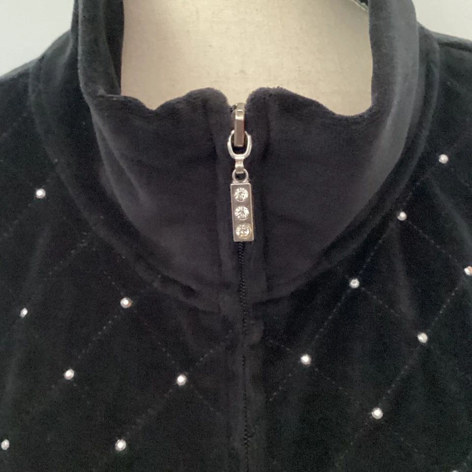VTG QUACKER FACTORY WOMAN XL BLACK VELOUR ZIP FRONT VEST SILVER STUDS POCKETS - Image 3 of 4
