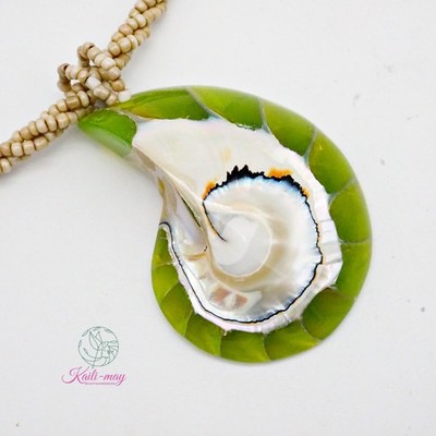 White Pearl Nautilus Shell Handmade Pendant Necklace in Half Cut.