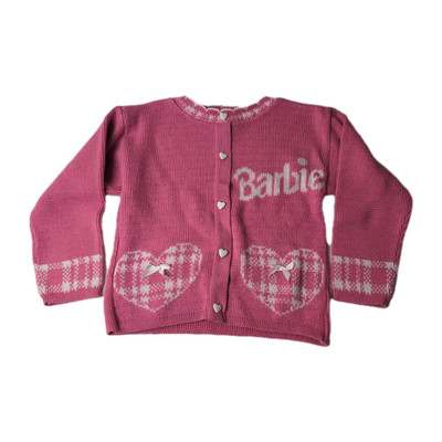 Vintage Barbie Mattel Girls Sz 7/8 Pink Sweater Hearts 90s USA Made Bows