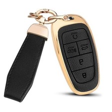 for Hyundai Key Fob Cover with Key Chain, Upper Leather Soft 5 Buttons Black