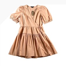 J.Crew Puff Sleeve Cotton Poplin Tiered Mini Wrap/A-Line Dress Tan Size XSP NWT