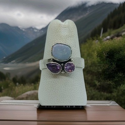 Vintage handgefertigter Sterlingsilber Opal & Amethyst Stein Ring Gr. 7