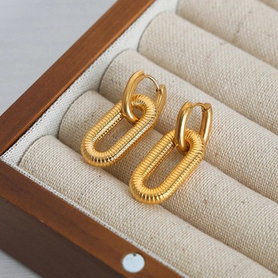 18K gold-plated stainless steel double ring drop earrings with a textured, ribbe