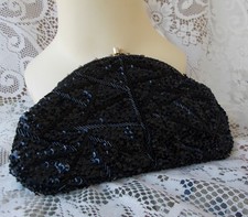 Vtg Black Clutch Purse W/Beads Sequins Rhinestones Crown Colony Hong Kong 8.5"