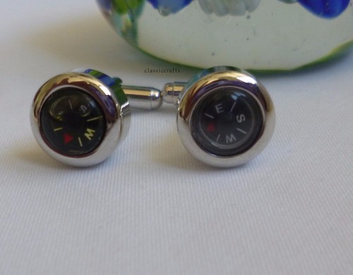 Silvered solid brass France style Compass Cufflinks Dia 14mm - Picture 5 of 7