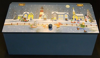 Blue Wooden Hinged Box with Winter Scene 6.75'' x 13'' x 5.63'' Excellent Condition
