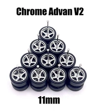 5x Chrome Advan V2 11/11mm JDM Regular Axle Wheels Rubber Tires for 1/64