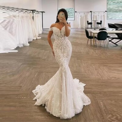 Sexy Mermaid Wedding Dresses Off The Shoulder V-Neck Lace Appliques Bridal  Gowns | eBay