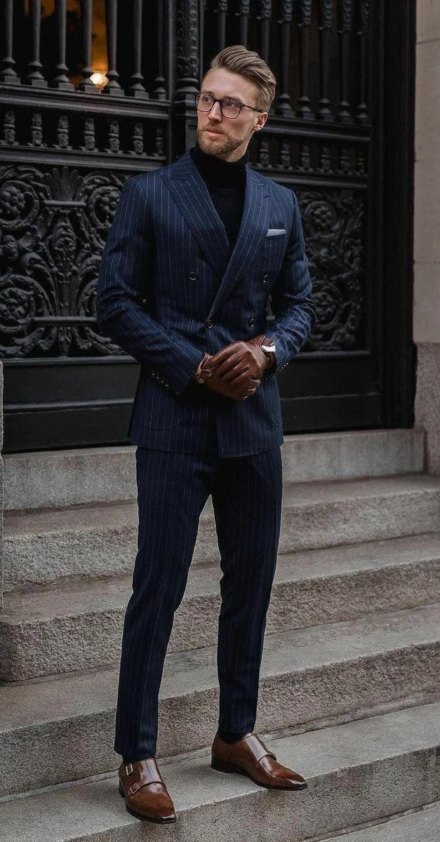Men Suit Navy Blue Striped Slim Fit Formal Business Prom Tuxedo Wedding Suits