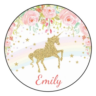 12 Personalized Unicorn Name Tags Birthday Party Stickers Favor Flowers rainbow