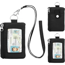 Minimalist RFID Wallet with Lanyard ID Case Zipper Pockets Black