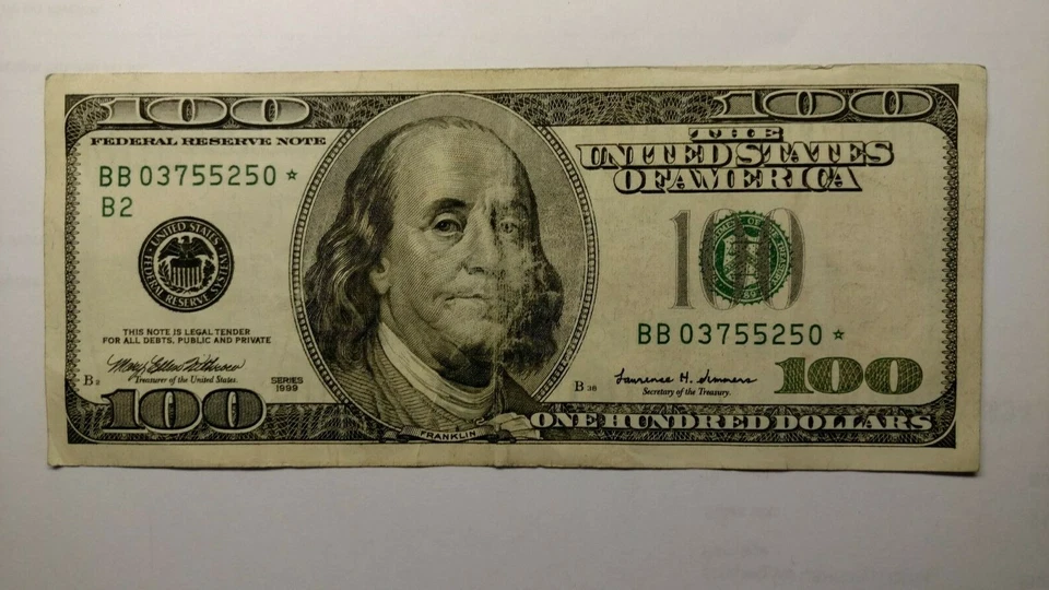 (1)  ONE HUNDRED DOLLAR *STAR NOTE* BILL..$100.00...older style 1999 FRN. - Image 3 of 4