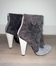 Kenzo Suede High Heel Ankle Boots, Gray And White, Petal/feather Layered Ruffles