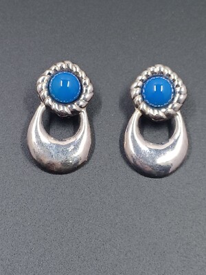 Sterling Silver Lightweight Native Style Pierced Post Earrings Blue Glass Center