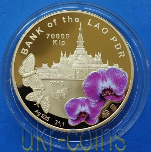 2015 Laos Butterfly 1 Oz Silver Color Coin Gold Gilded Hologram Proof WWF Fauna - Picture 2 of 10