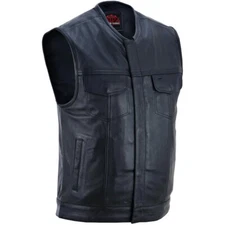 Mens Leather Motorcycle Vest Biker Club Style Riding Cruiser Snap Front Black
