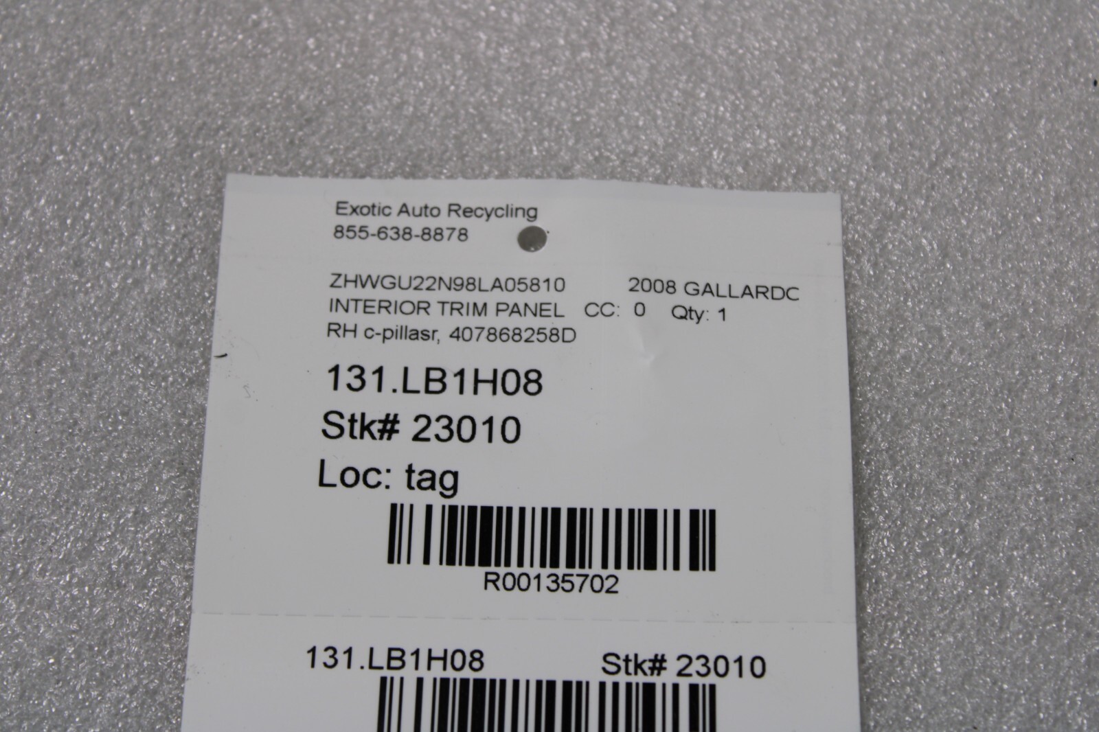 Lamborghini Gallardo, Spyder, RH, C-Pillar Trim Panel, Dmg, Used, P/N 407868258D
