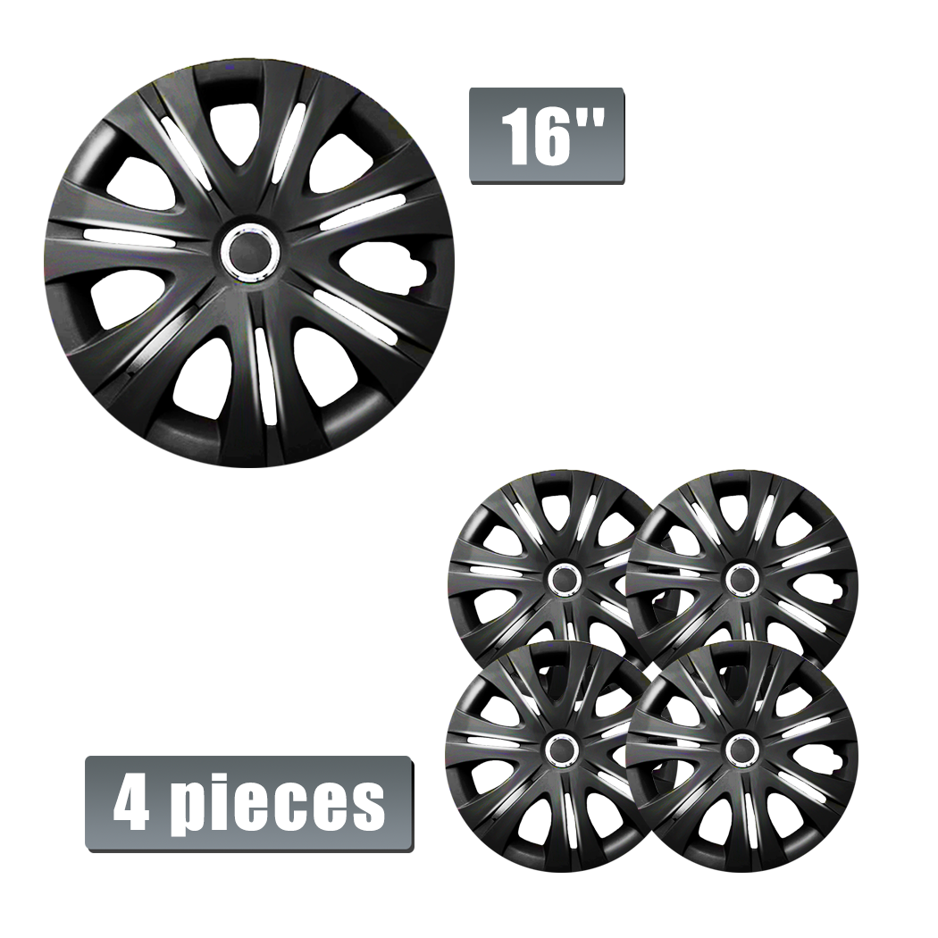 Snap On Wheel Covers Hub Caps 16" Pack of 4 Black R16 Tire & Steel Rim