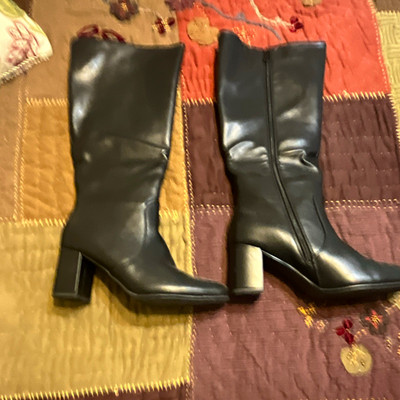 & Other Stories Women s Black Leather Mid-Calf Zip Block Heel Boots 10.5