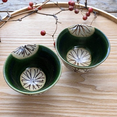 Set of 2 Japanese Handmade YUNOMI Tea Cup Sencha Oribe Green KIKU Seto Ware