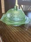 Vintage Green Depression Glass Covered Butter Dish Art Deco Lid 6” Octagon Base