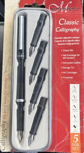 Manuscript Classic Calligraphy Pen Set 5 Nibs Converter 4 Cartridges & Tin - Picture 4 of 7